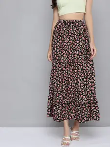 SASSAFRAS Black & Pink Floral Print Flared Maxi Skirt
