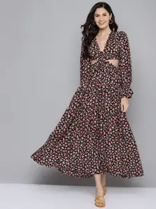 SASSAFRAS Black & Pink Floral Waist Cut-Out Maxi Dress
