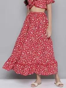 SASSAFRAS Red & Beige Floral Print Flared Skirt