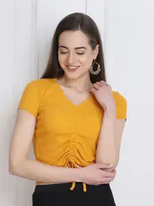 BUY NEW TREND Women Yellow Solid V-neck Fitted Crop Top