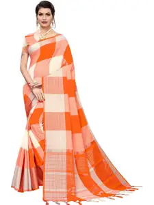 SAADHVI Orange & Beige Checked Silk Blend Saree