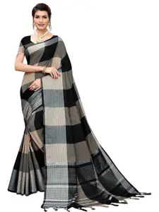 SAADHVI Black & Silver-Toned Checked Silk Blend Saree