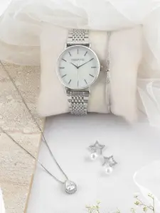 JOKER & WITCH Women Silver-Toned & White Honeydew Love Stack Watch Gift Set
