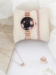 JOKER & WITCH Women Rose Gold Toned Floral Love Stack Watch Gift Set