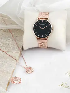 JOKER & WITCH Women Rose Gold-Plated & Black Dial Watch & Jewellery Gift Set