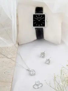 JOKER & WITCH Black & Silver-Toned Stone-Studded Watch Gift Set JWLS404
