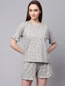 Chemistry Women Grey & Red Printed Cotton Night suit