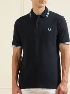 Fred Perry Men Navy Blue Polo Collar Pure Cotton T-shirt