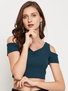 LE BOURGEOIS Teal Blue Cold Shoulder Fitted Crop Top