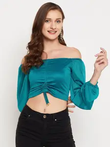 LE BOURGEOIS Turquoise Blue Off-Shoulder Bardot Crop Top