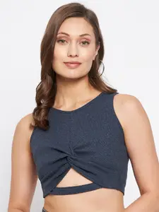 LE BOURGEOIS Navy Blue Solid Wrap Crop Top