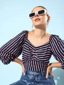 Marie Claire Navy Blue Vertical Stripes Volume Play Top