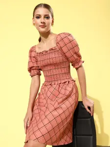 Marie Claire Women Attractive Peach Checked Volume Play Dress