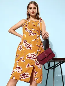 RARE Mustard Yellow Floral Print A-Line Midi Dress
