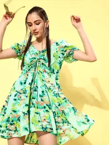 Rare Women Turquoise Blue Floral Volume Play Dress