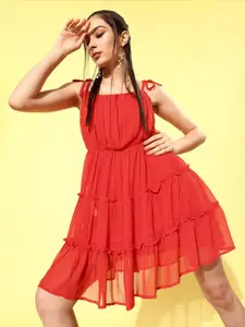 Rare Women Attractive Red Solid Volume Play Dress