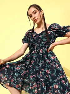 Rare Women Navy Blue Floral Volume Play Dress