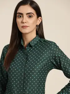 Hancock Women Green Slim Fit Printed Formal Shirt