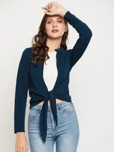 LE BOURGEOIS Women Teal Blue Tie-Up Shrug