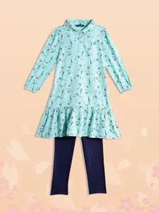 Allen Solly Junior Girls Green & Navy Blue Floral Print A-Line Dress with Leggings