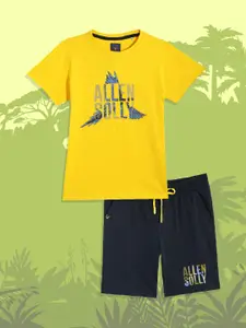Allen Solly Junior Boys Yellow & Navy Blue Printed Pure Cotton T-shirt with Shorts Set