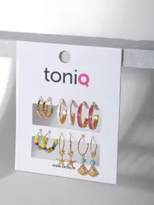 ToniQ Set Of 6 Enameled  Multicoloured Circular Hoop Earrings