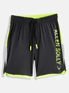 Allen Solly Junior Boys Black & Fluorescent Green Brand Logo Printed Sports Shorts