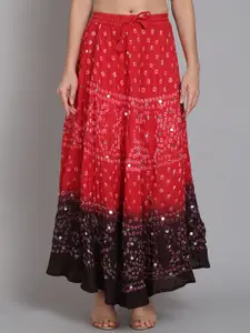 SOUNDARYA Women Red & Black Printed Pure Cotton Flared Bandhej Maxi Skirt