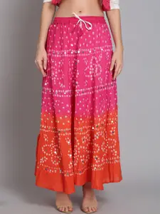 SOUNDARYA Women Pink Printed Pure Cotton Flared Bandhej Maxi Skirt