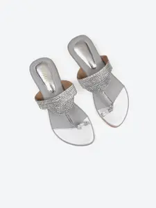 Biba Women Silver-Toned Embellished Ethnic One Toe Flats