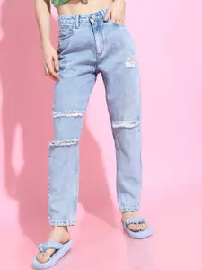 Tokyo Talkies Women Blue Straight Fit Highly Distressed Heavy Fade Crop Cotton Jeans