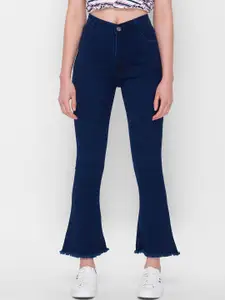 ZOLA Women Navy Blue Frayed Cropped Cotton Bootcut Jeans