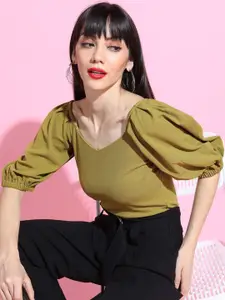 Tokyo Talkies Olive Green Crepe Knitted Top