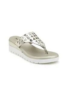 PEPITOES Gold-Toned Striped Wedge Sandals