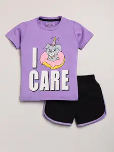 Lazy Shark Girls Purple & Black Printed T-shirt with Shorts