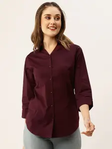 ZOLA Women Burgundy Solid Cotton Casual Shirt