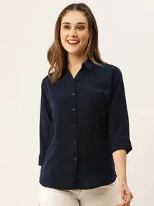 ZOLA Women Navy Blue Regular Fit Solid Formal Shirt