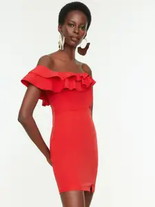 Trendyol Red Solis Off-Shoulder Bodycon Dress