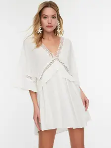 Trendyol White Solid Tie-Up Beach A-Line Dress