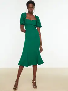 Trendyol Green Puff Sleeves Midi Sheath Dress