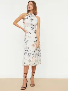 Trendyol Off White & Blue Floral Sheath Midi Dress