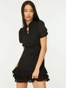 Trendyol Black Solid Tie-Up Neck Ruffle Detail A-Line Dress