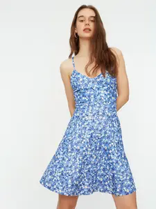 Trendyol Women Blue & White Floral A-Line Dress