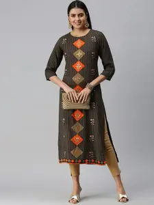 SHOWOFF Women Black & Beige Floral Embroidered Mirror Work Kurta