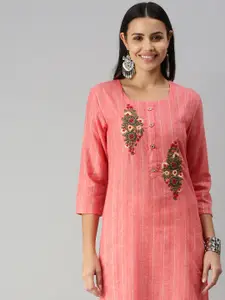 SHOWOFF Women Pink & Green Floral Woven Design Thread Work Kurta