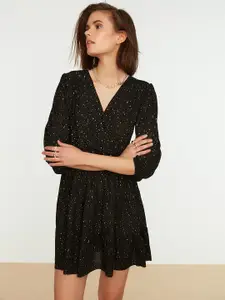 Trendyol Women Black & White Abstract Print Wrap Mini Dress