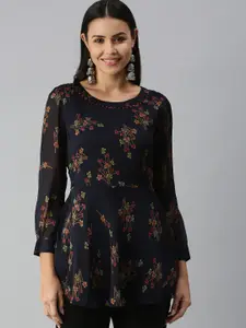 SHOWOFF Navy Blue & Green Floral Printed Kurti