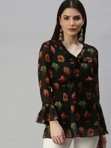 SHOWOFF Black & Brown Floral Printed A-Line Kurti