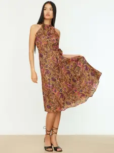 Trendyol Mustard Yellow & Pink Floral Halter Neck A-Line Midi Dress