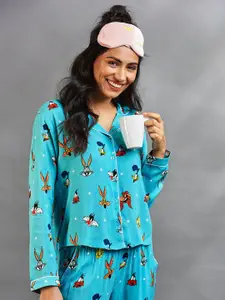 The Souled Store Women Blue Printed Night suit